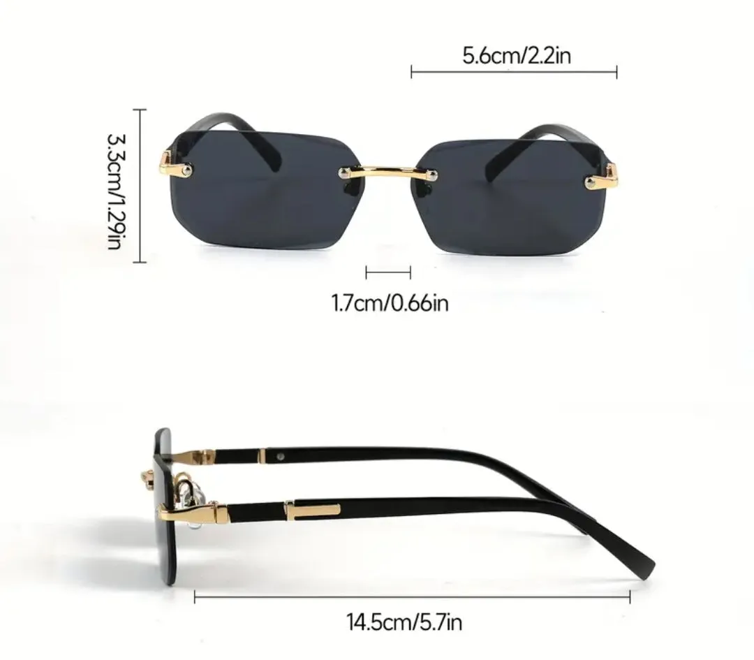 Stylish Rimless Rectangle Fashion Glasses for Men & Women - Trendy Black Lens with Golden-Tone Metal Frame, Classic Design for Casual Attire & Photo Props, Unisex Accessories | Chic Eyewear | Lightweight Eyeglasses