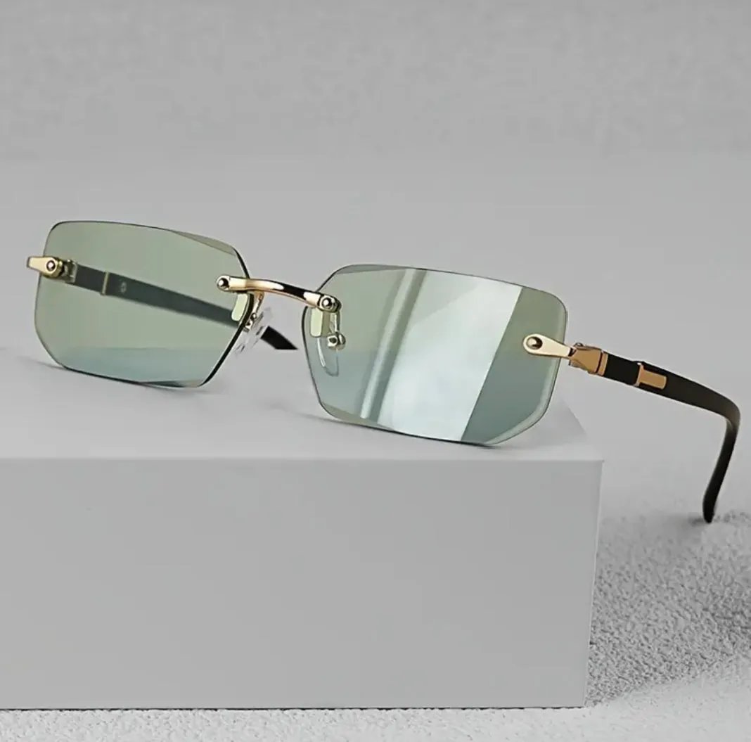 Stylish Rimless Rectangle Fashion Glasses for Men & Women - Trendy Black Lens with Golden-Tone Metal Frame, Classic Design for Casual Attire & Photo Props, Unisex Accessories | Chic Eyewear | Lightweight Eyeglasses