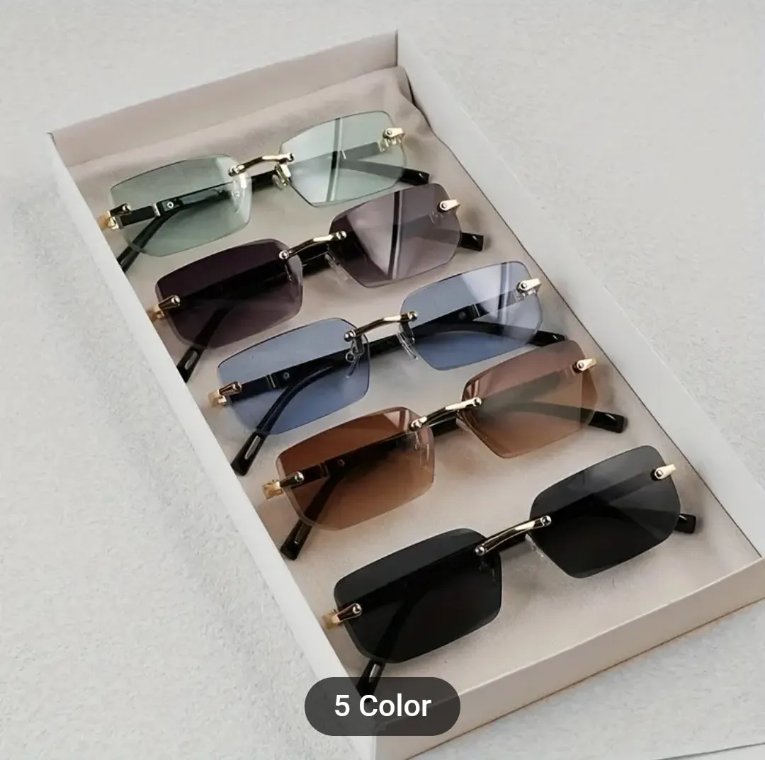 Stylish Rimless Rectangle Fashion Glasses for Men & Women - Trendy Black Lens with Golden-Tone Metal Frame, Classic Design for Casual Attire & Photo Props, Unisex Accessories | Chic Eyewear | Lightweight Eyeglasses