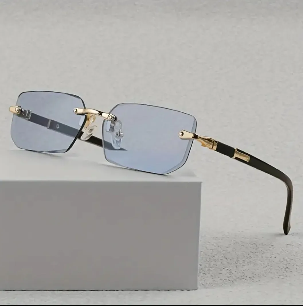 Stylish Rimless Rectangle Fashion Glasses for Men & Women - Trendy Black Lens with Golden-Tone Metal Frame, Classic Design for Casual Attire & Photo Props, Unisex Accessories | Chic Eyewear | Lightweight Eyeglasses