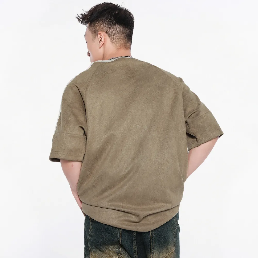 Suede Raglan Lettering Embroidered T-Shirt