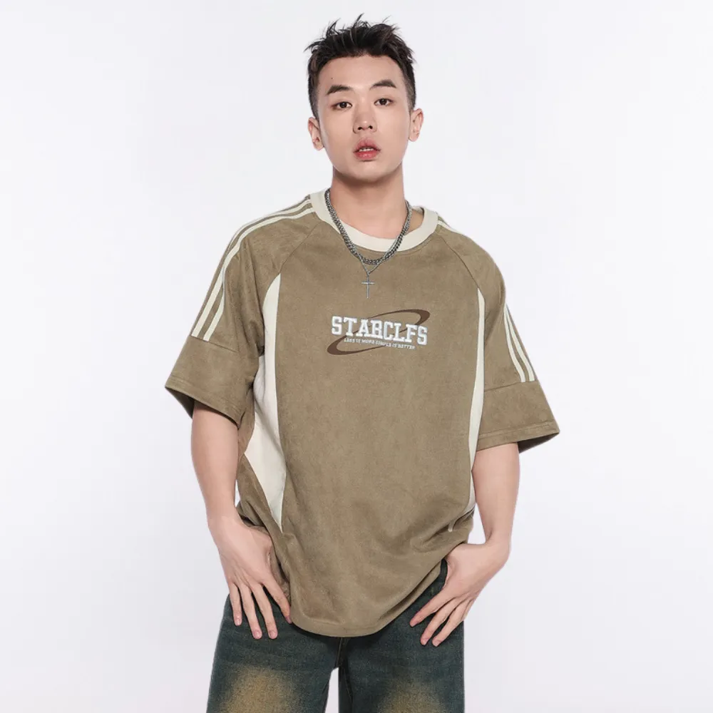 Suede Raglan Lettering Embroidered T-Shirt