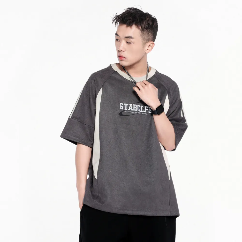 Suede Raglan Lettering Embroidered T-Shirt