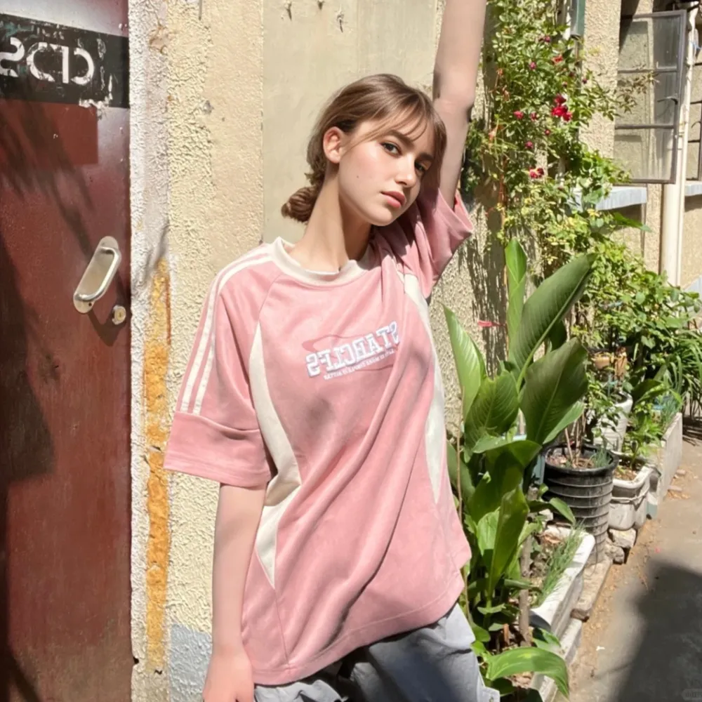 Suede Raglan Lettering Embroidered T-Shirt