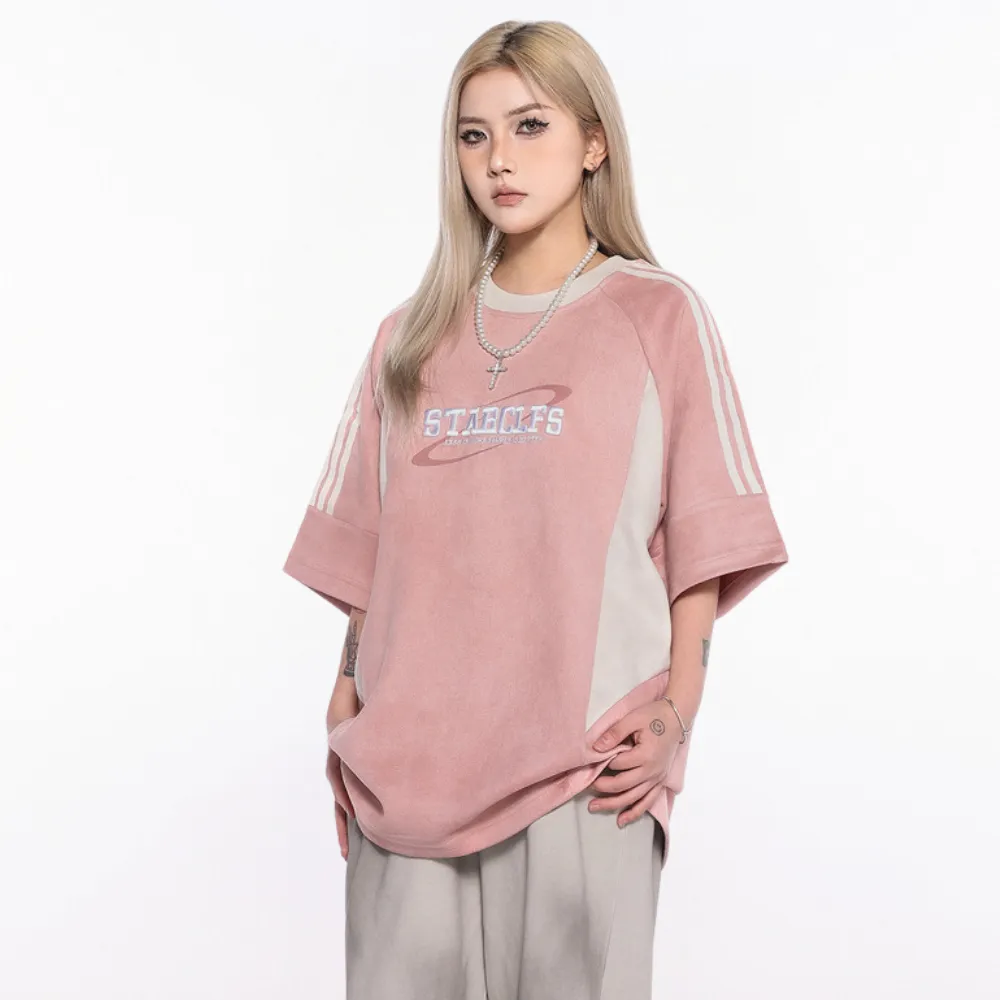 Suede Raglan Lettering Embroidered T-Shirt