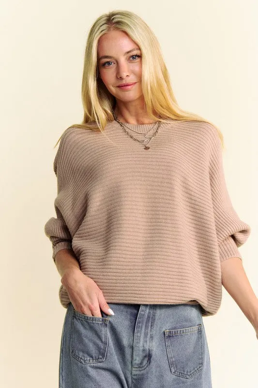 Tan Round Neck Batwing Sleeve Sweater