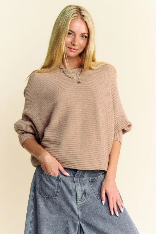 Tan Round Neck Batwing Sleeve Sweater