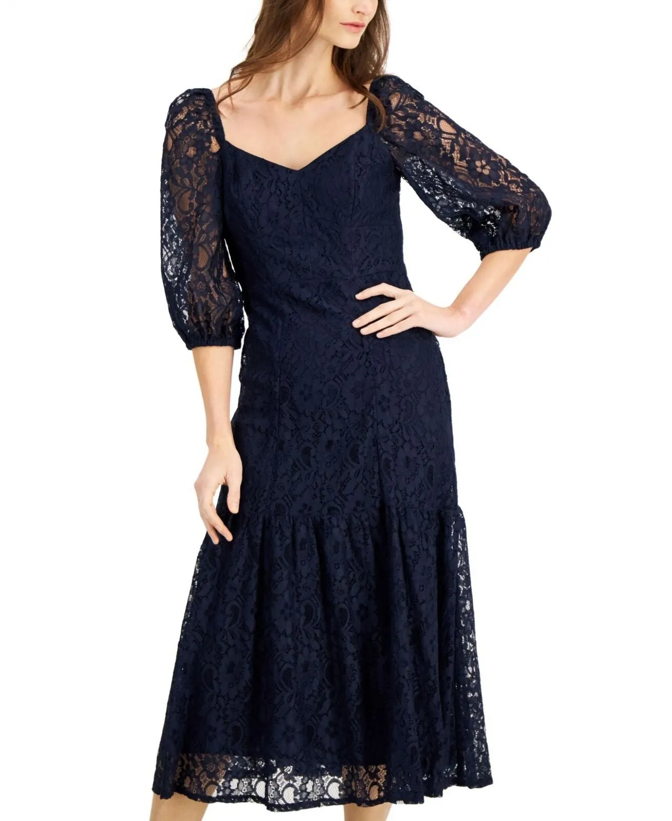 Taylor Womens 3/4 Sleeve Lace A-Line Dress 2718M Navy Blue 12