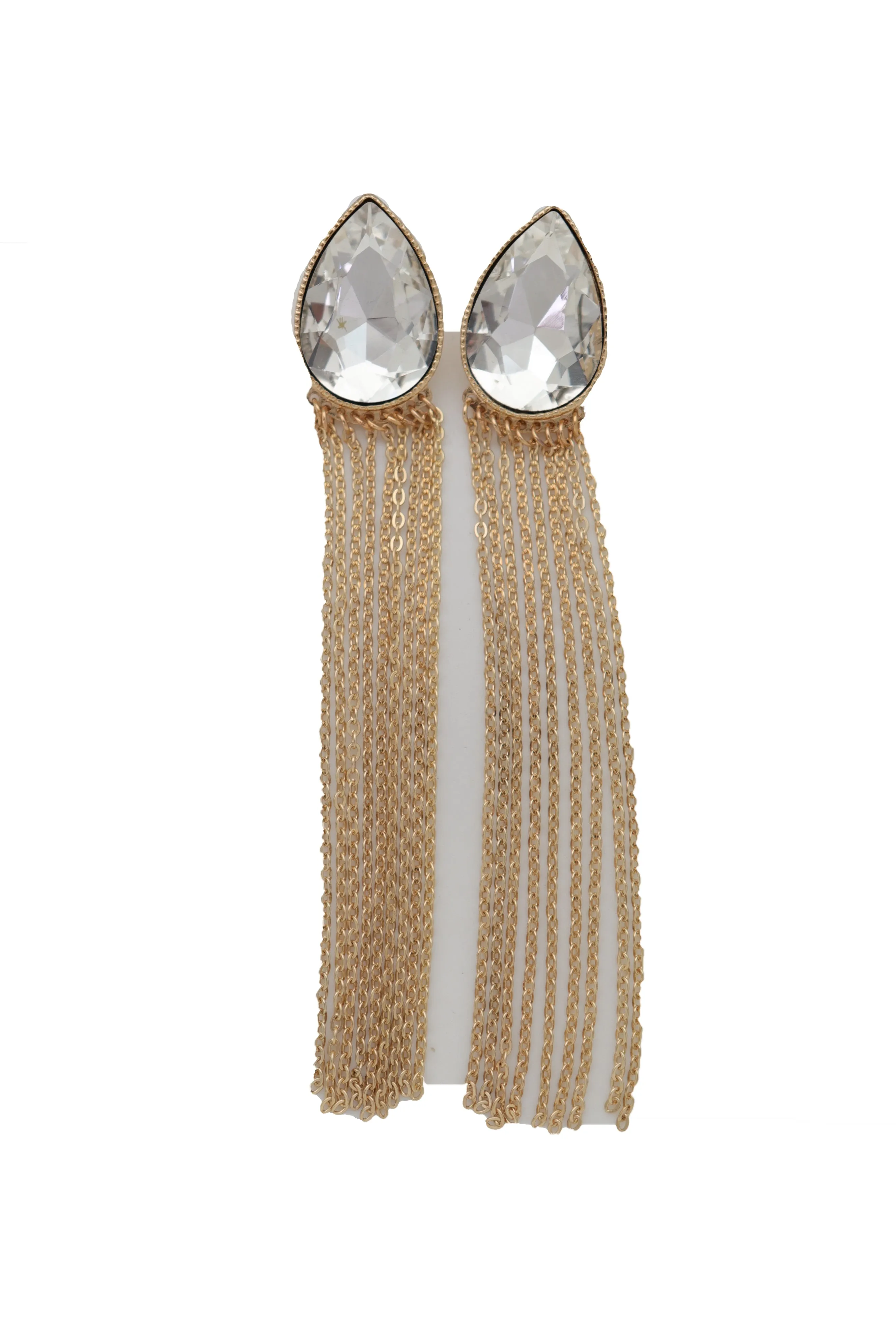 Teardrop Gem Long Metal Tassel Earrings