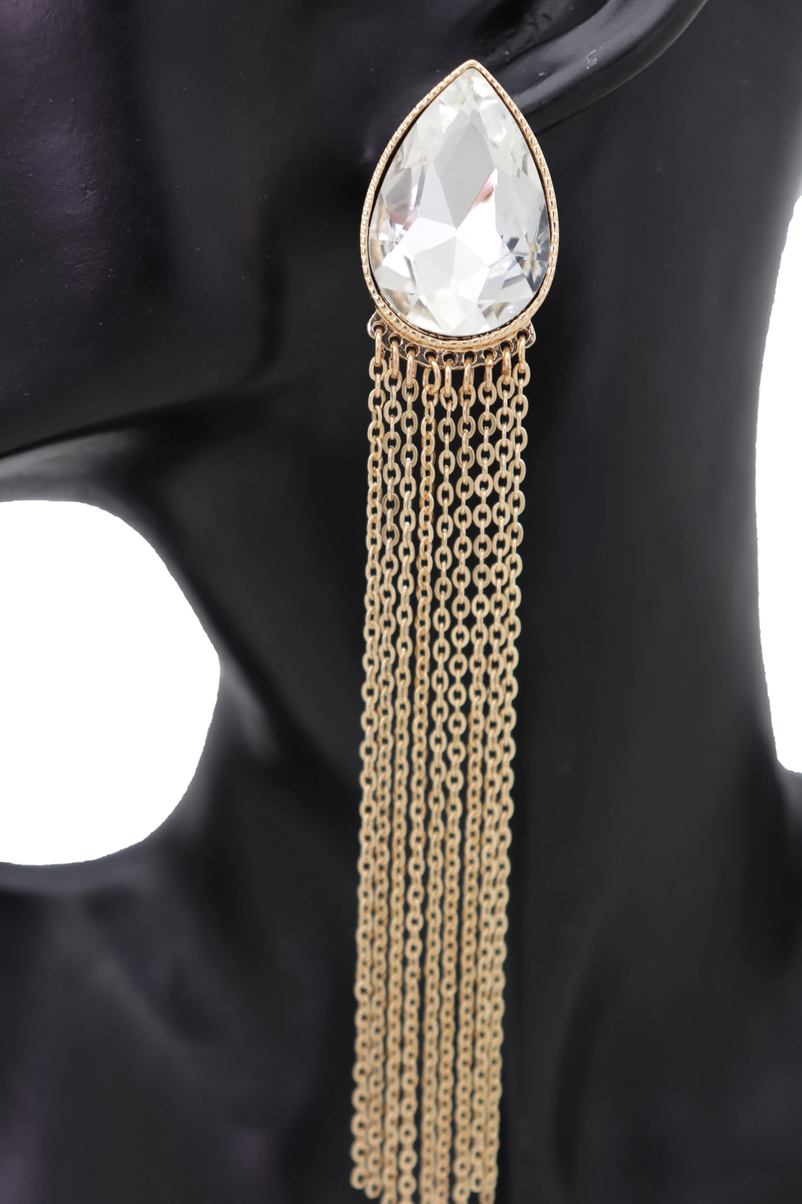 Teardrop Gem Long Metal Tassel Earrings