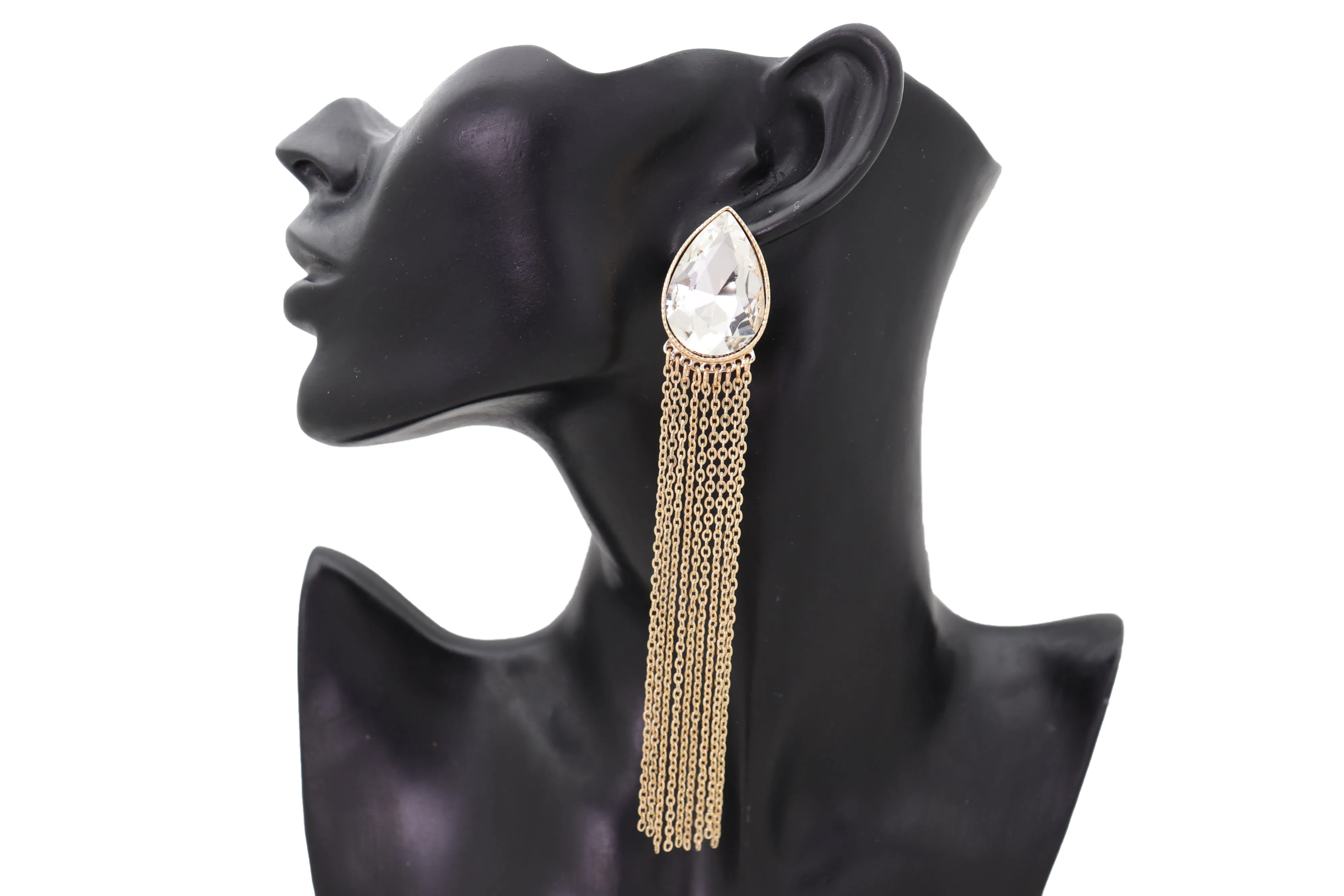 Teardrop Gem Long Metal Tassel Earrings