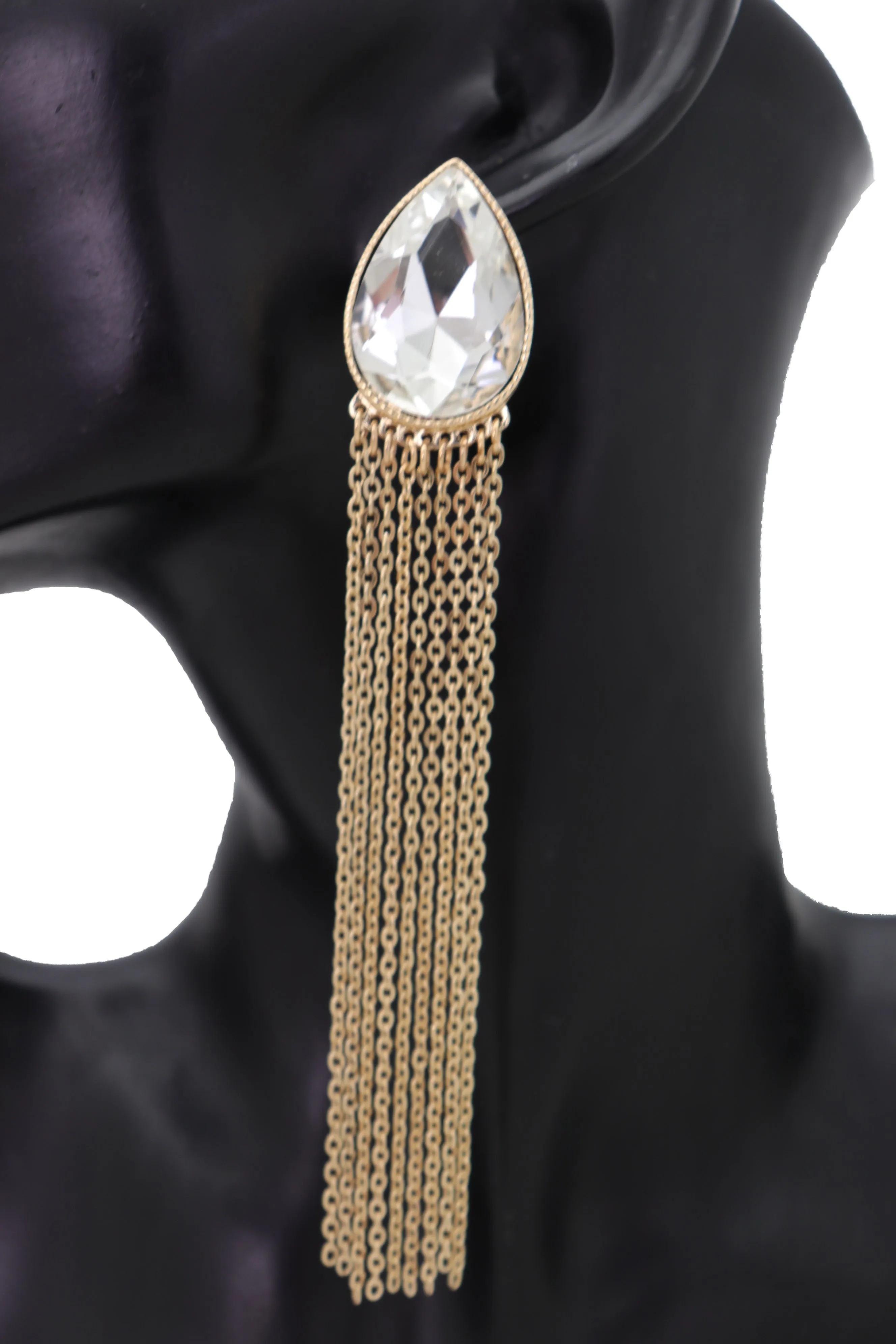 Teardrop Gem Long Metal Tassel Earrings