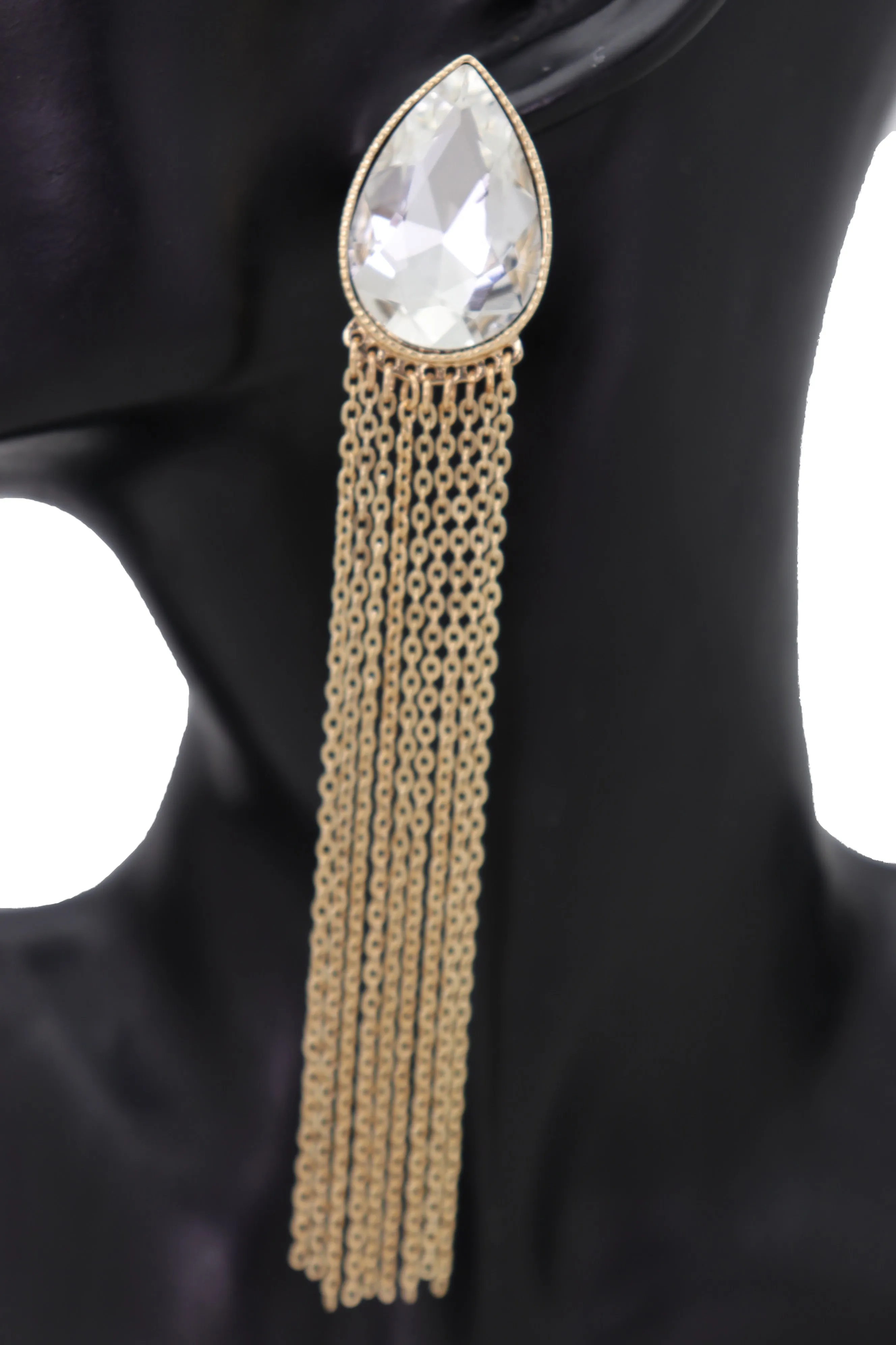 Teardrop Gem Long Metal Tassel Earrings
