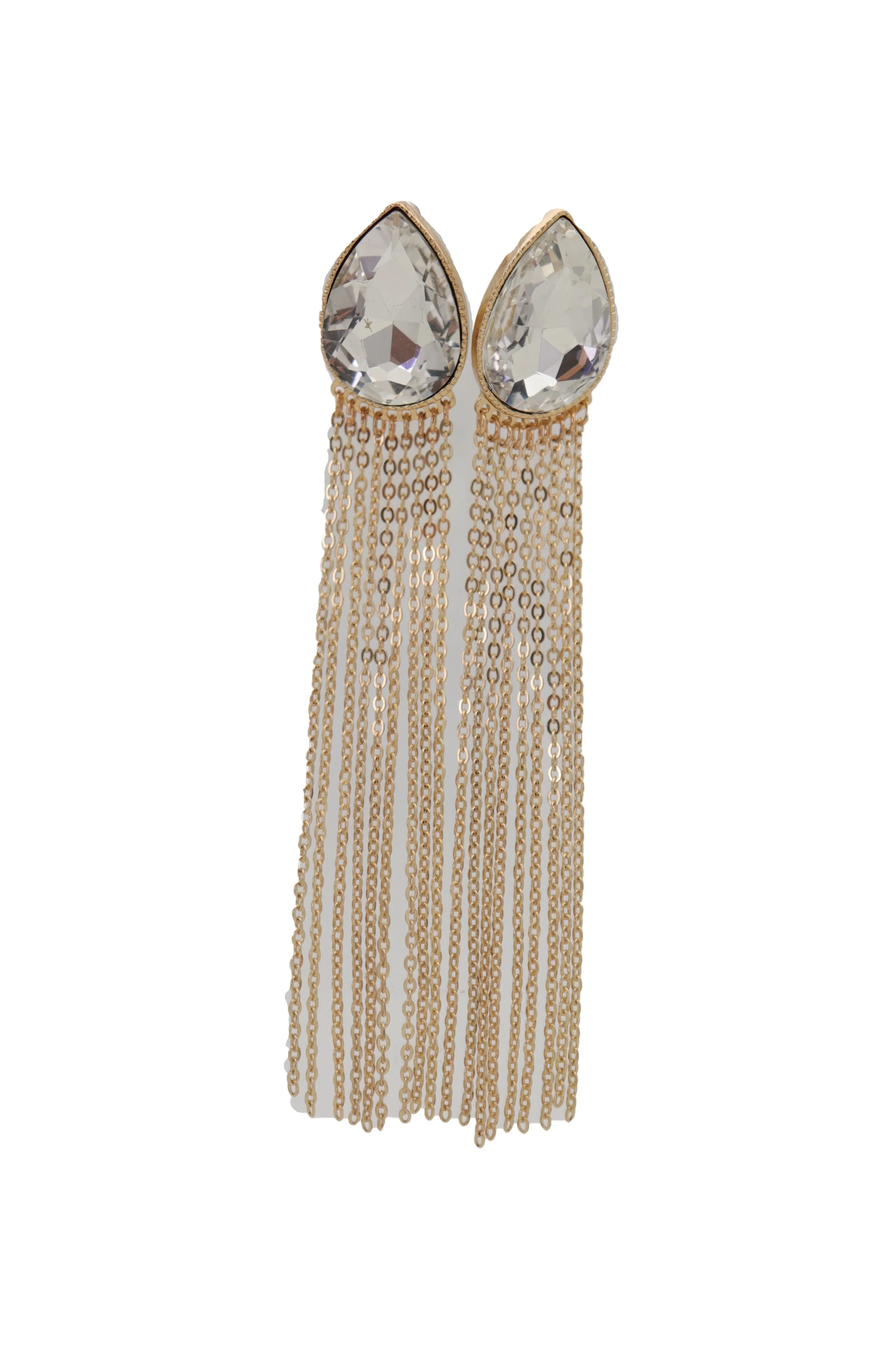 Teardrop Gem Long Metal Tassel Earrings