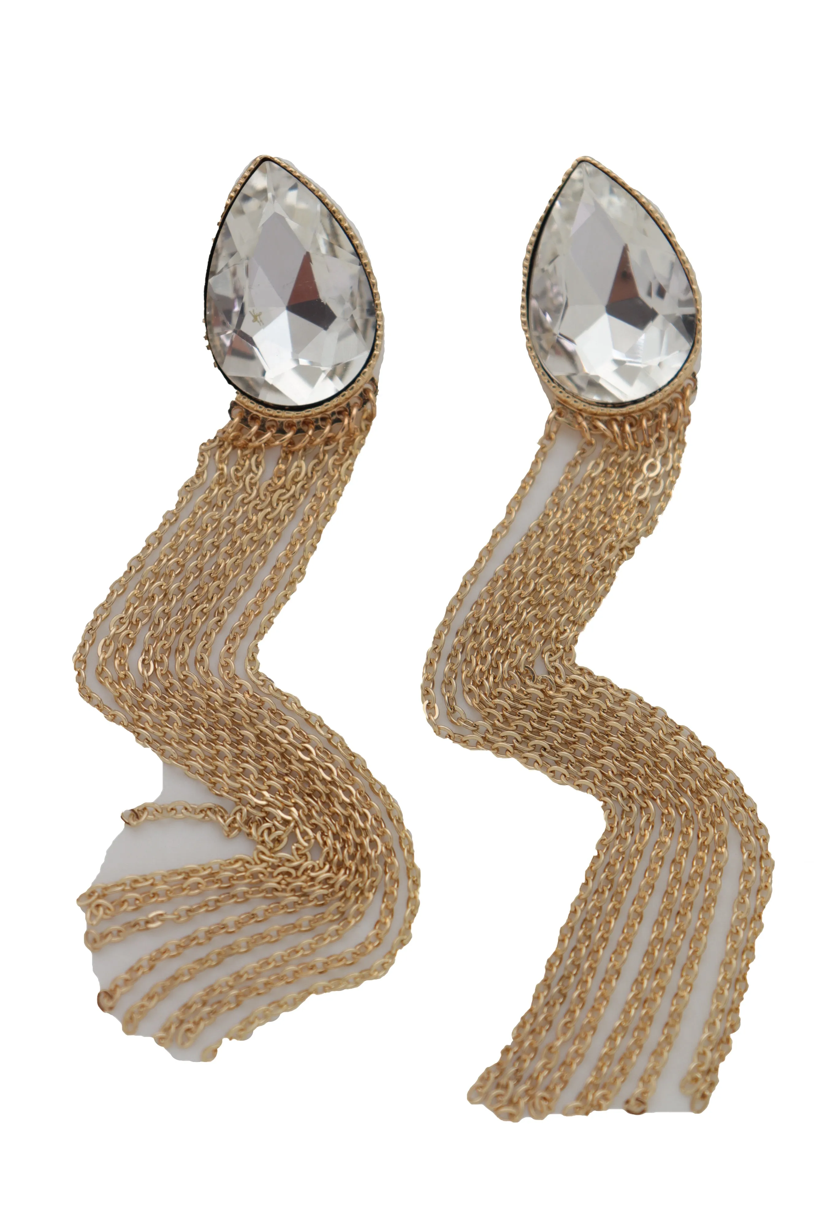 Teardrop Gem Long Metal Tassel Earrings