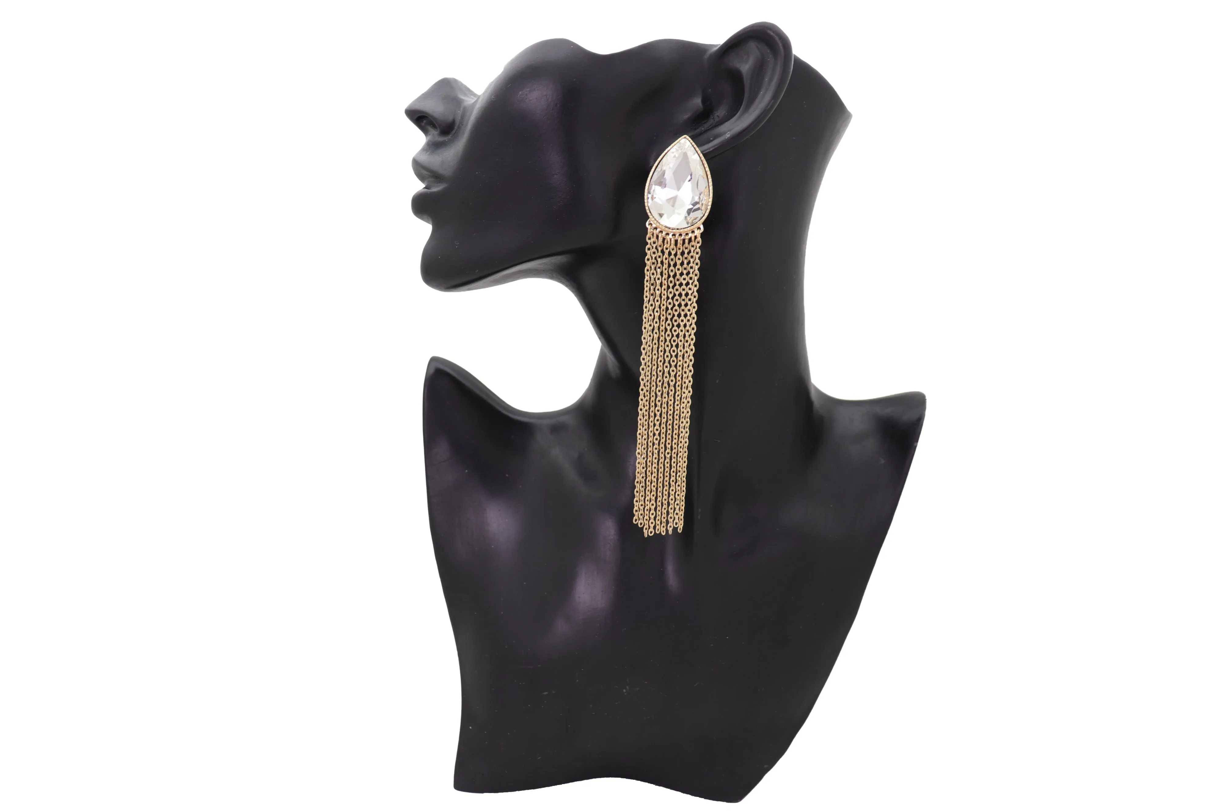 Teardrop Gem Long Metal Tassel Earrings