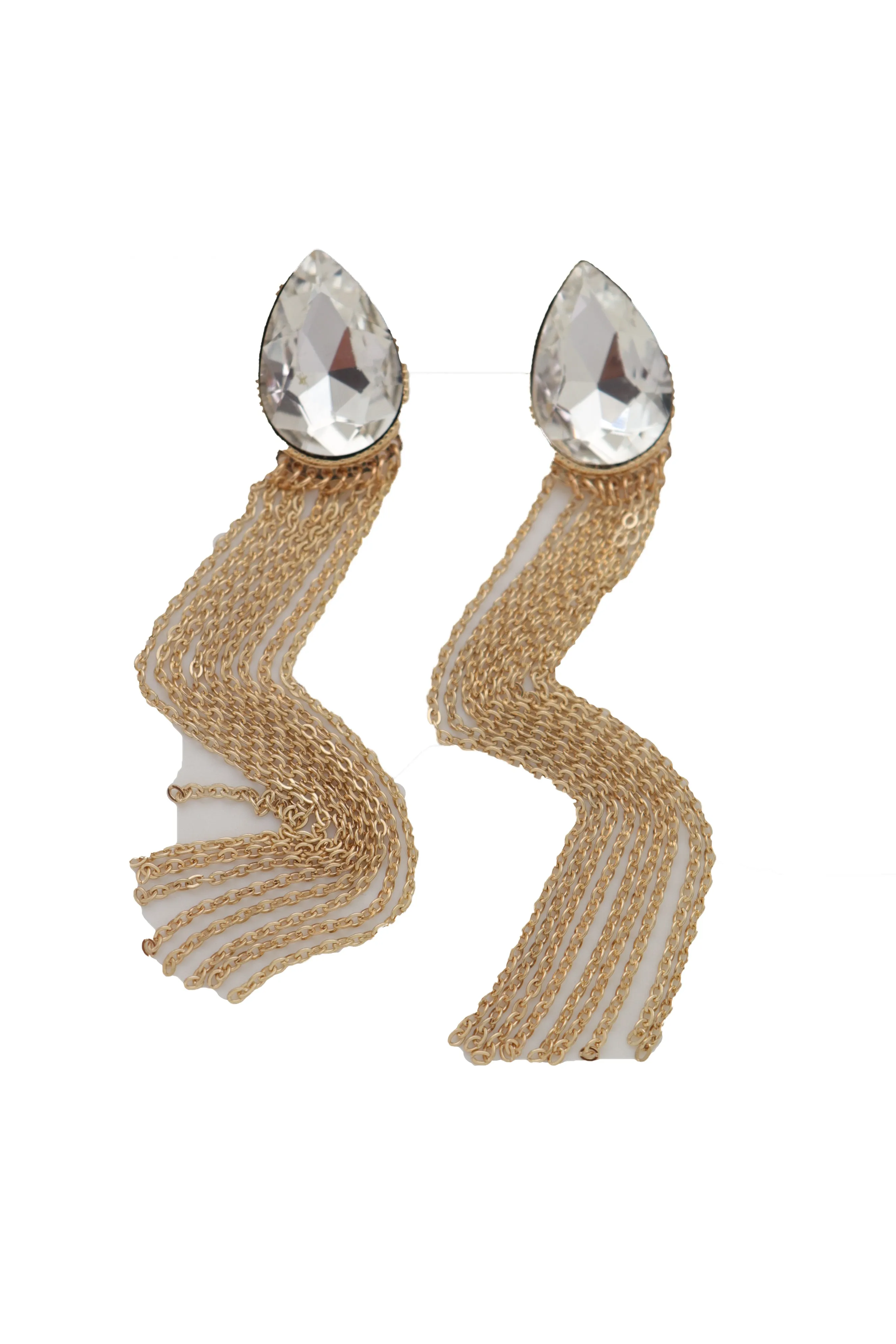 Teardrop Gem Long Metal Tassel Earrings