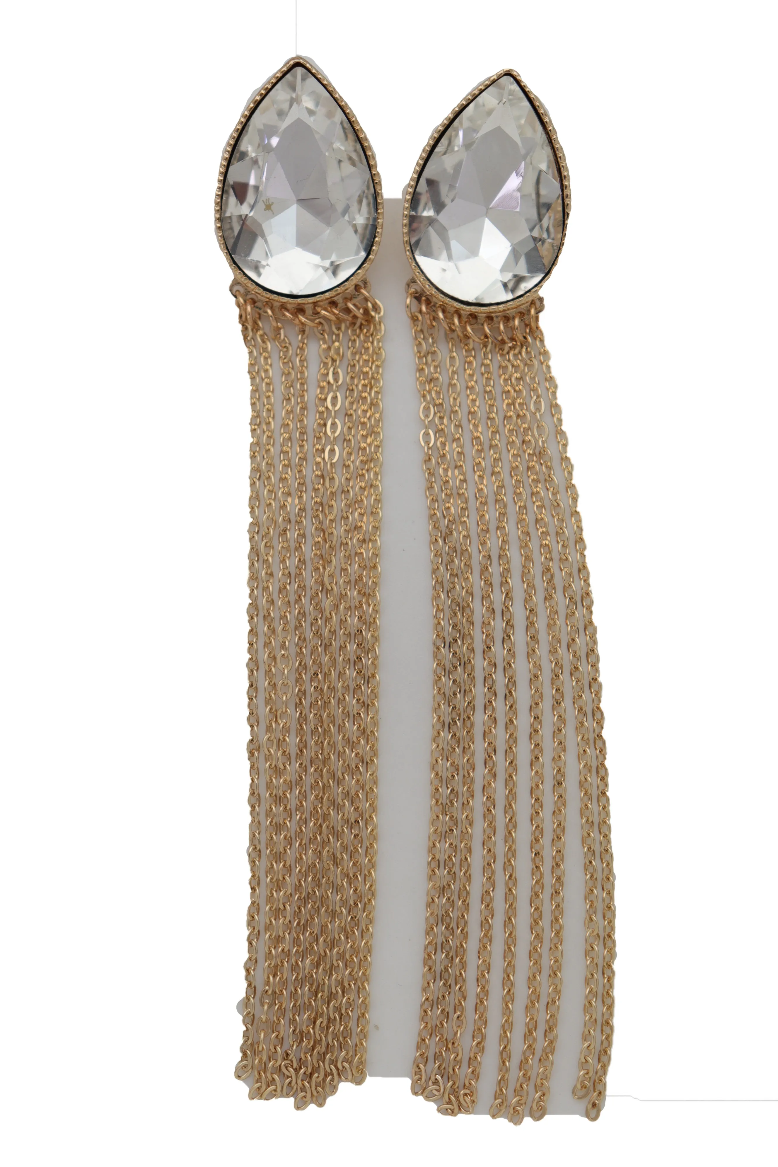 Teardrop Gem Long Metal Tassel Earrings