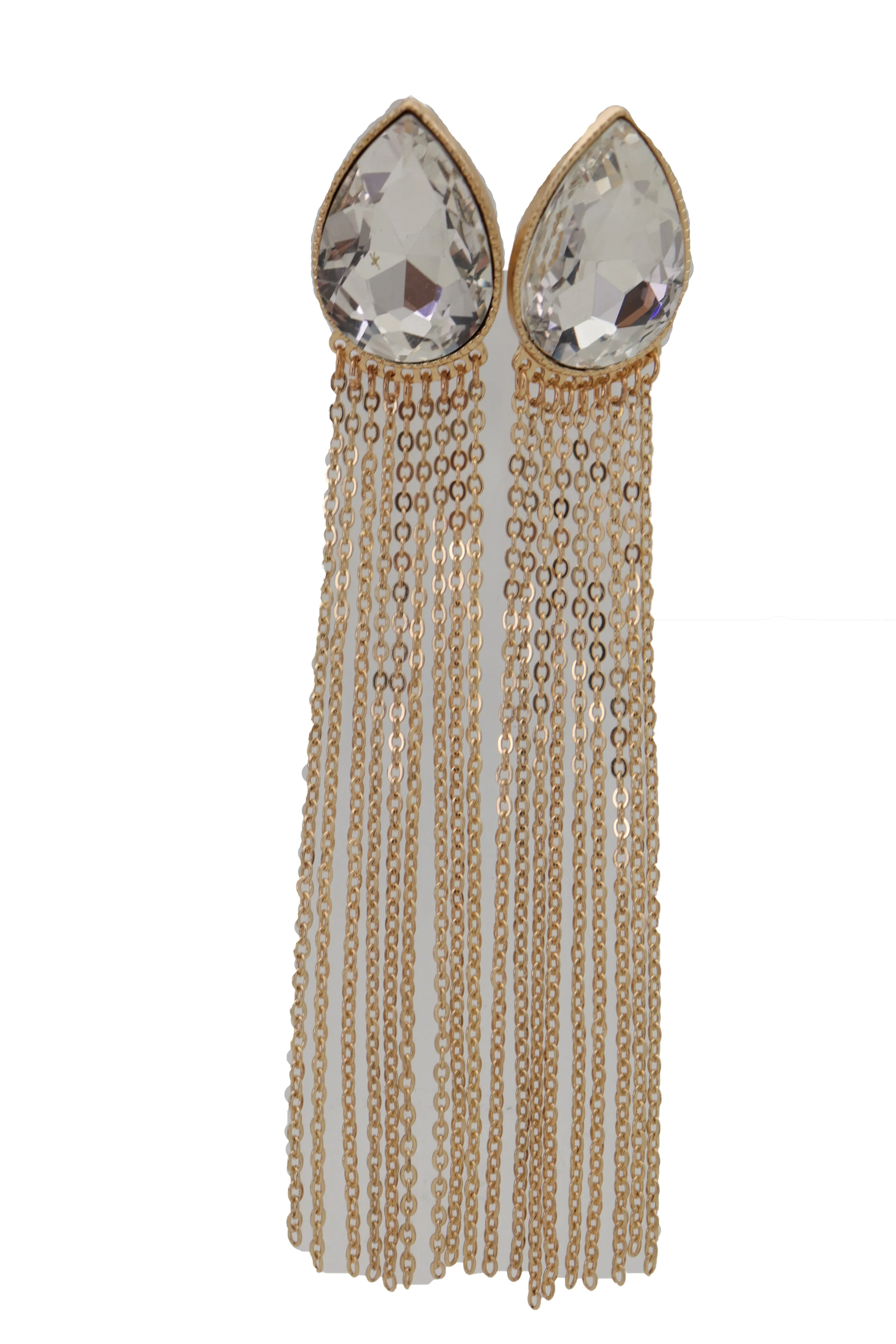 Teardrop Gem Long Metal Tassel Earrings