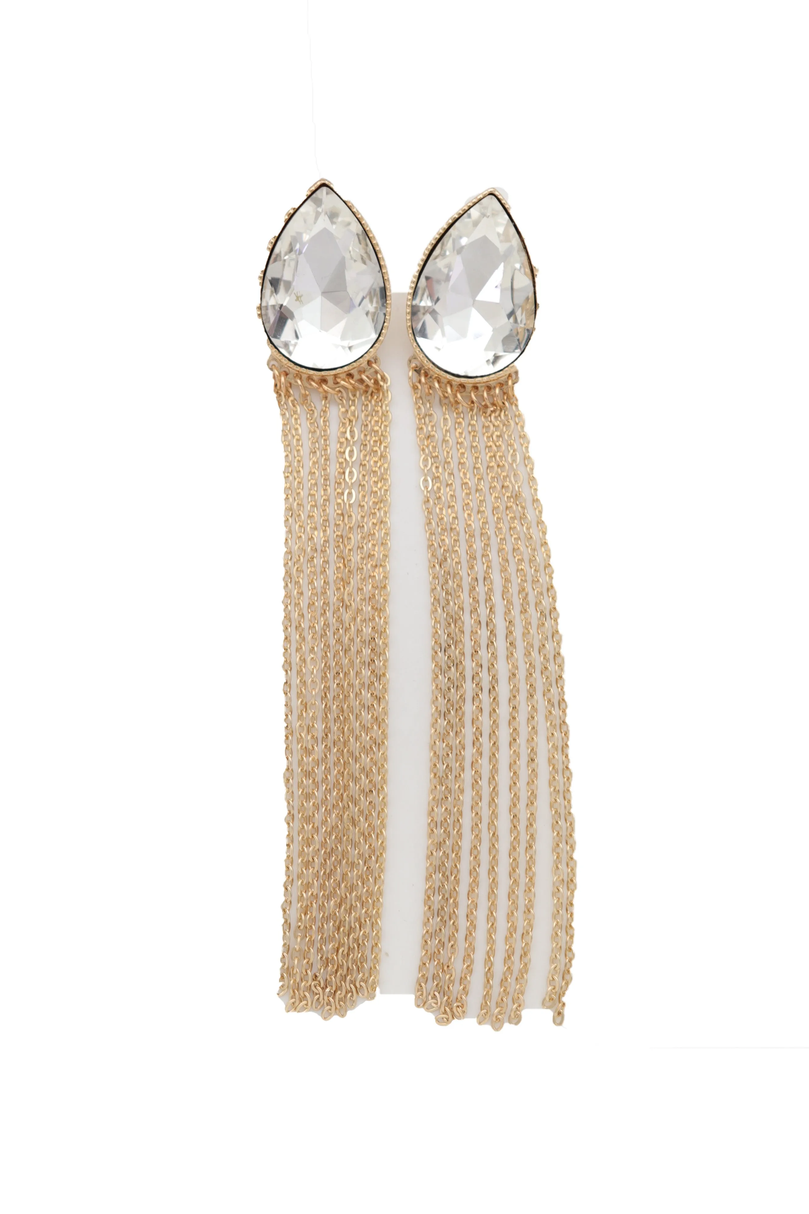 Teardrop Gem Long Metal Tassel Earrings