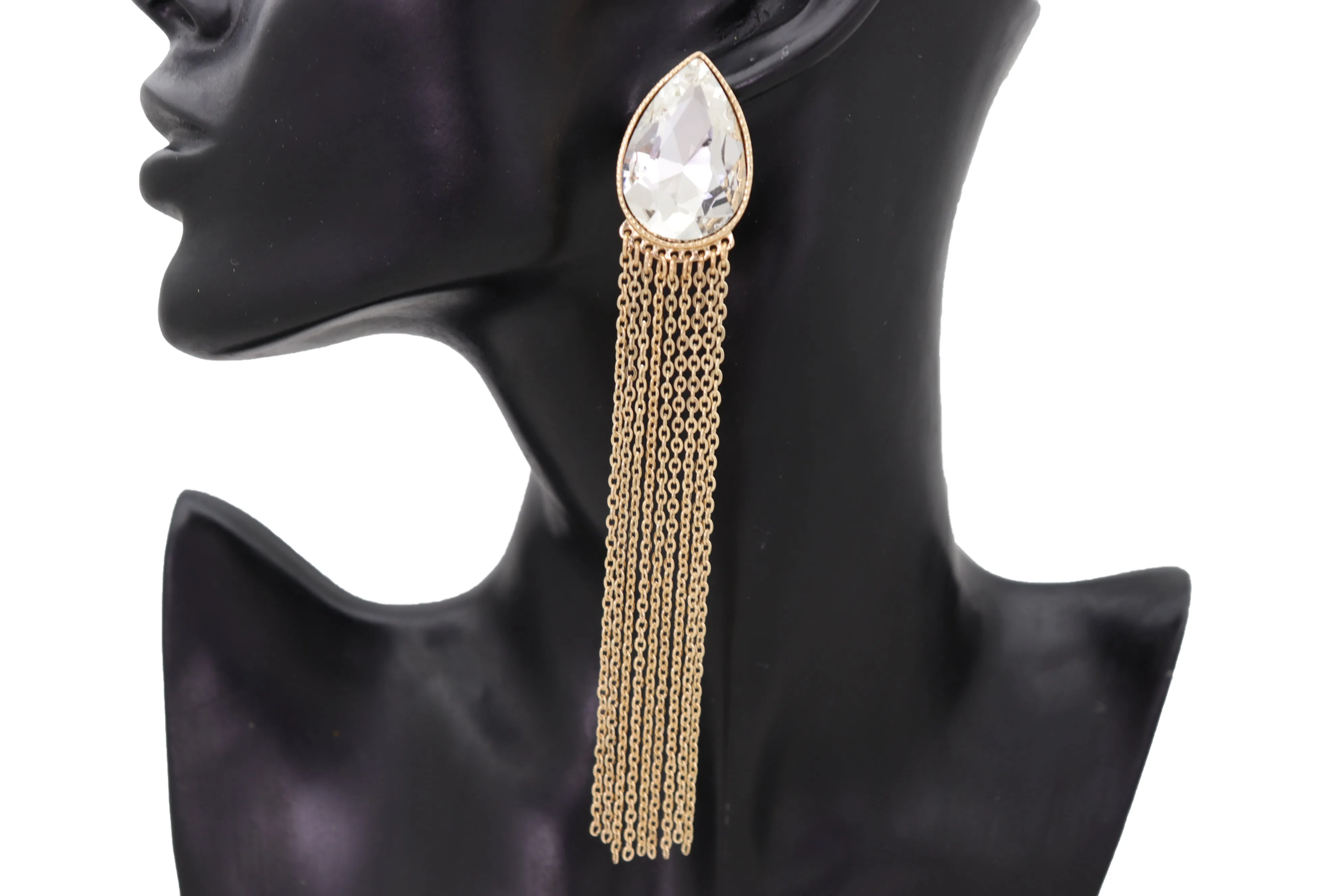 Teardrop Gem Long Metal Tassel Earrings