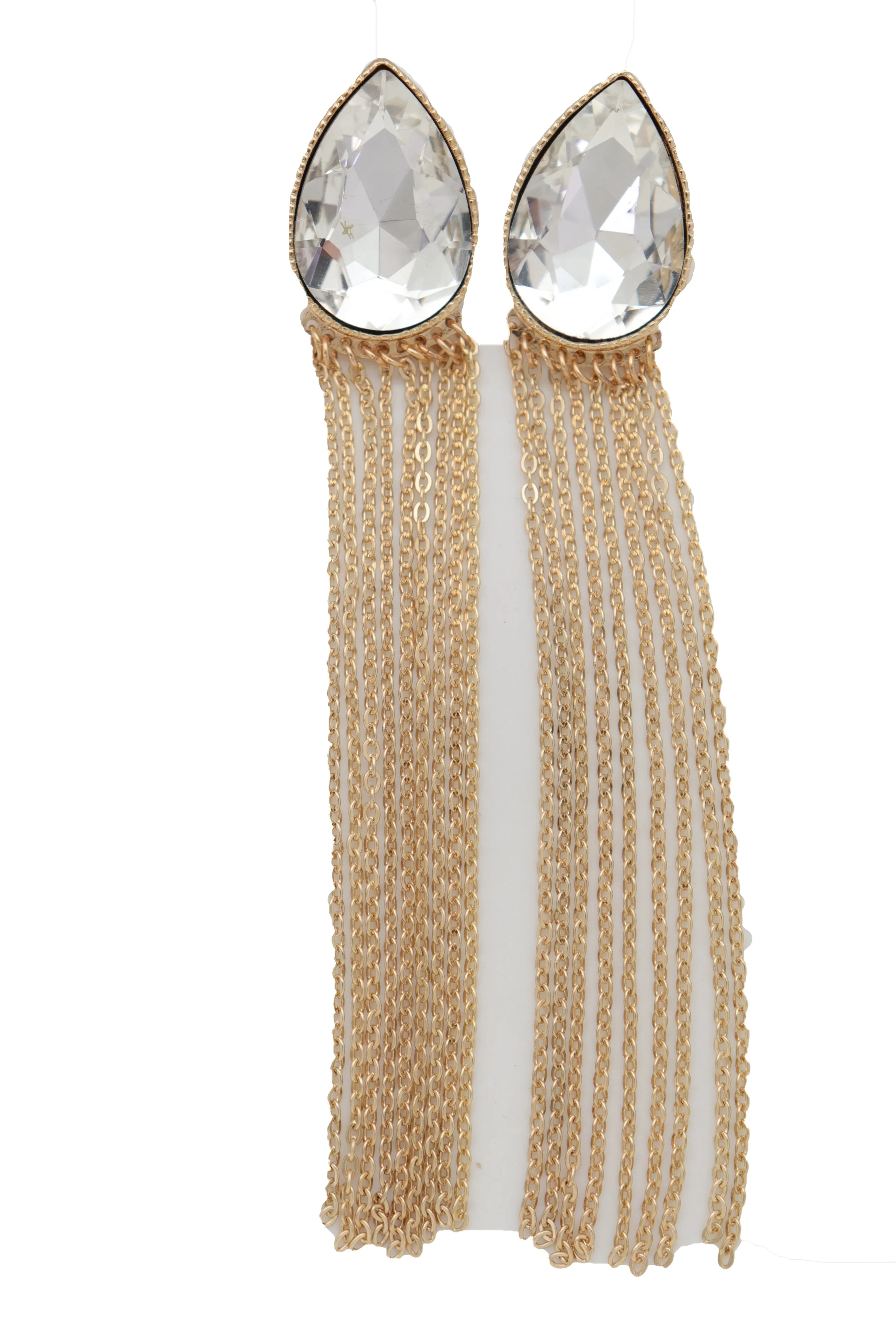 Teardrop Gem Long Metal Tassel Earrings