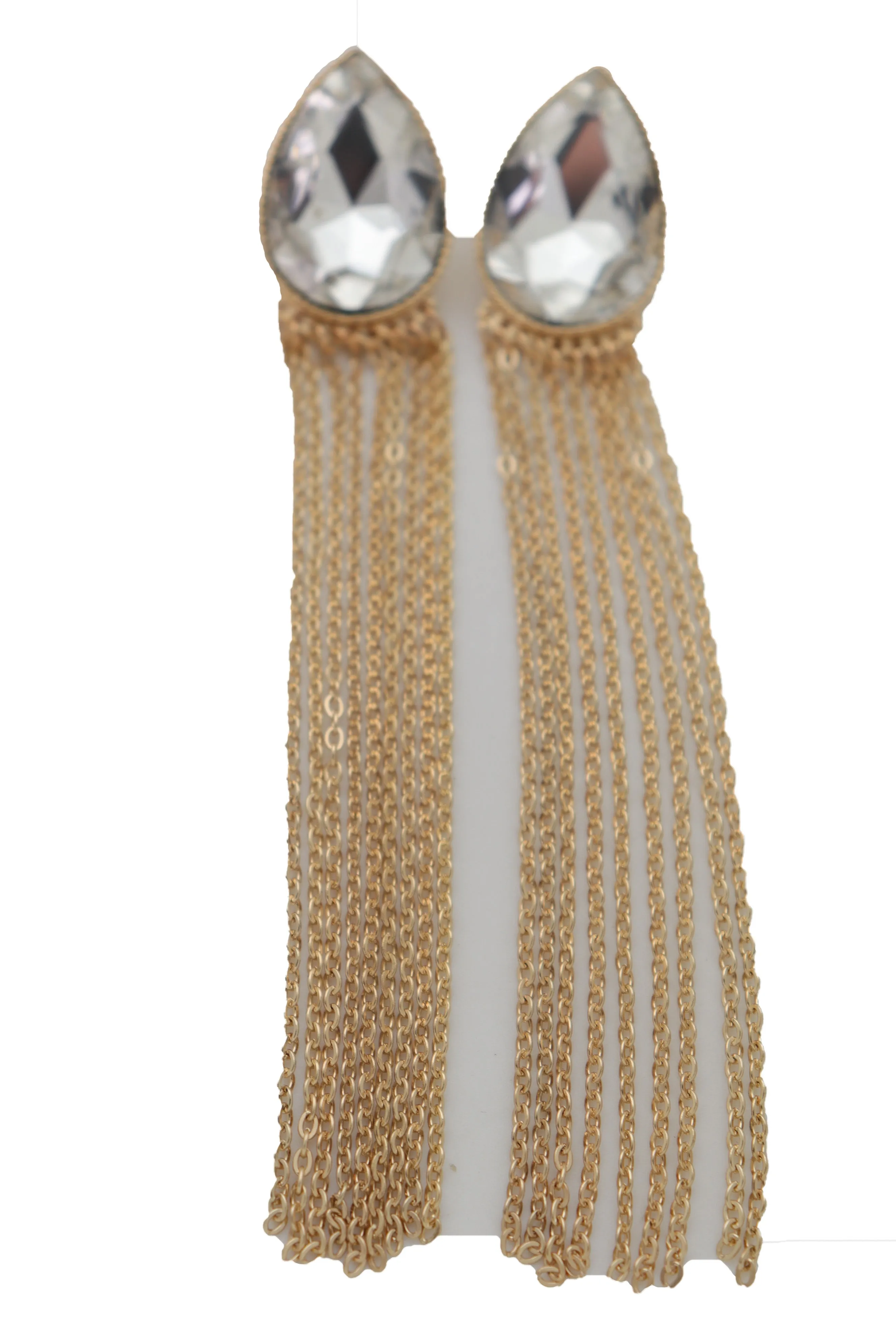 Teardrop Gem Long Metal Tassel Earrings