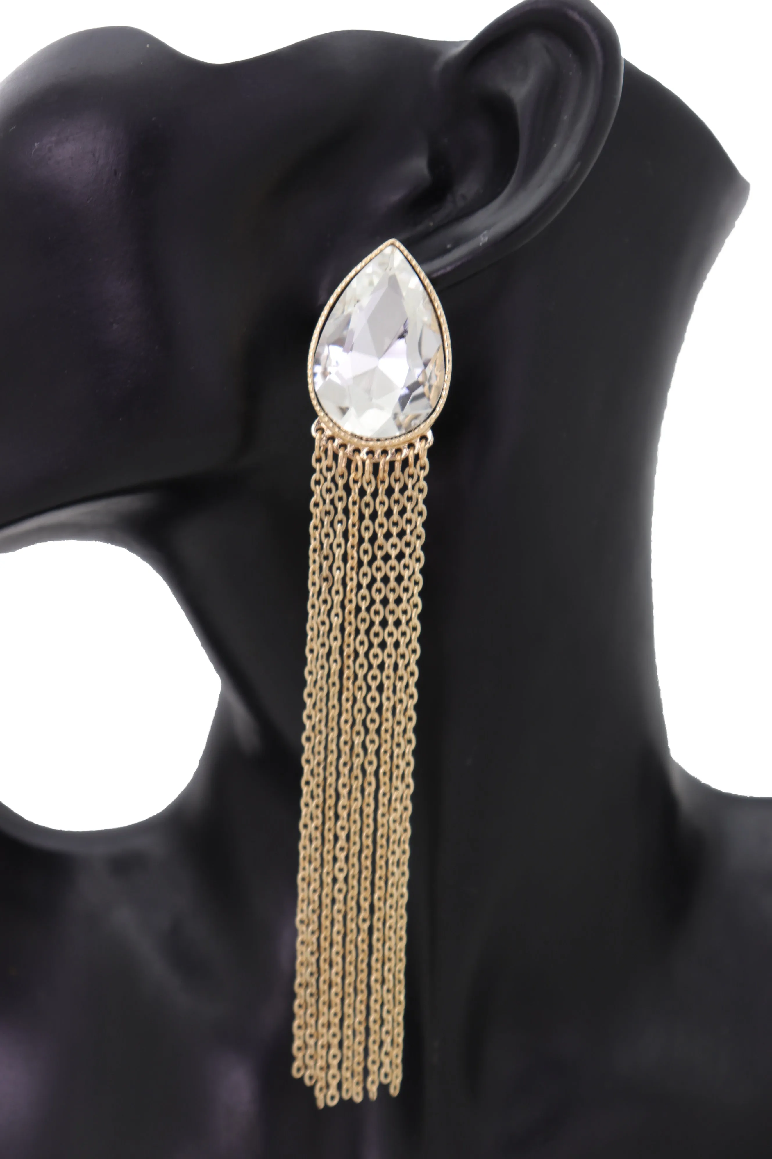 Teardrop Gem Long Metal Tassel Earrings