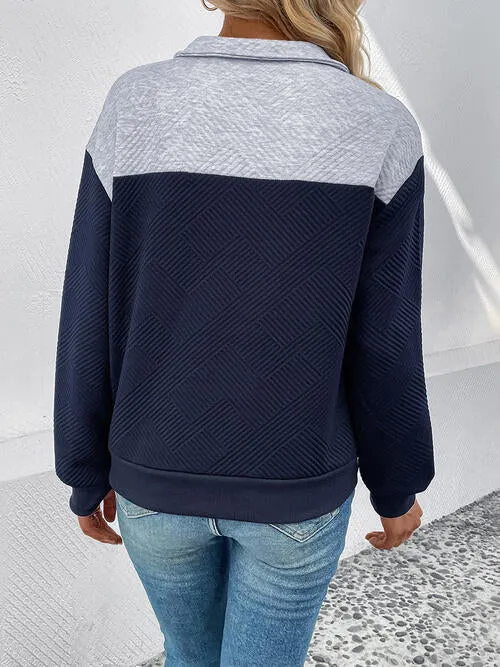 Textured Contrast Color Half Button Sweatshirt