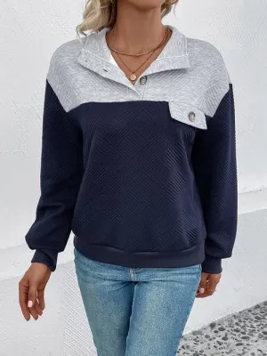 Textured Contrast Color Half Button Sweatshirt