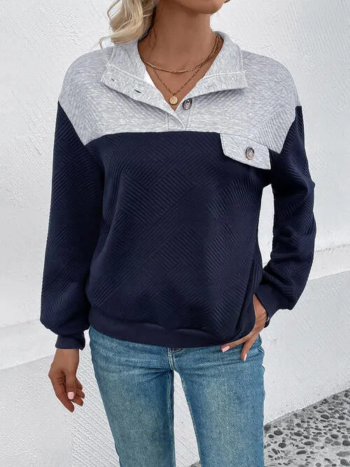 Textured Contrast Color Half Button Sweatshirt