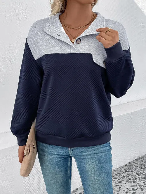 Textured Contrast Color Half Button Sweatshirt