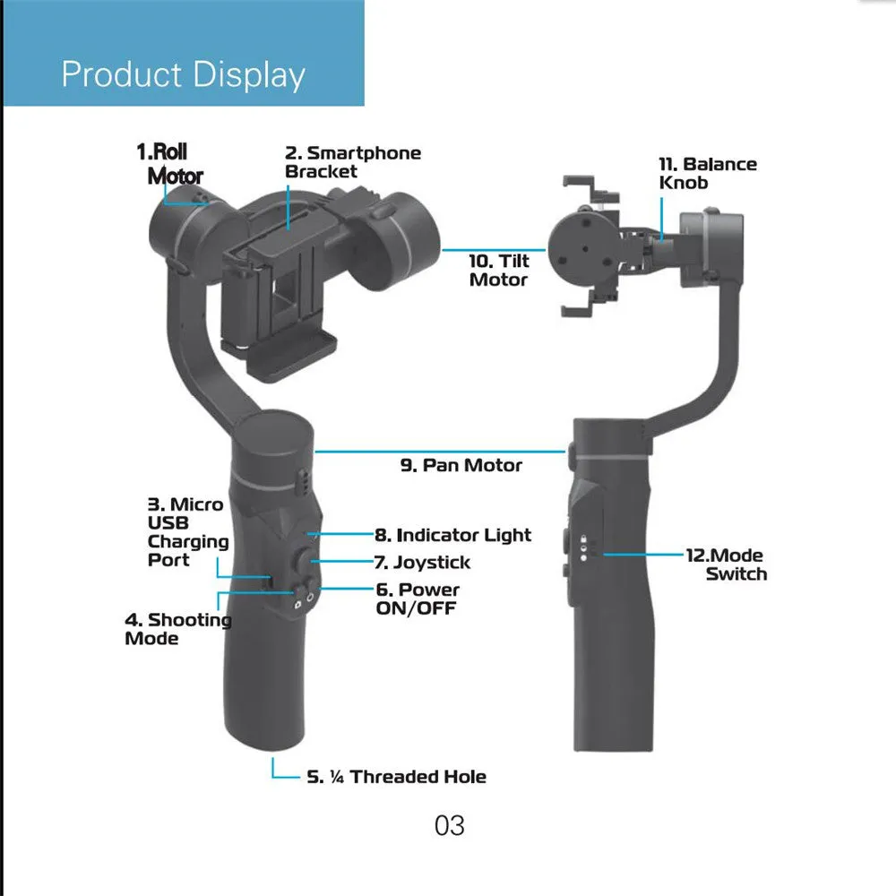 Three-Axis Handheld Smartphone Gimbal Stabilizer Mobile Phone Balancer Counterweight Photography black