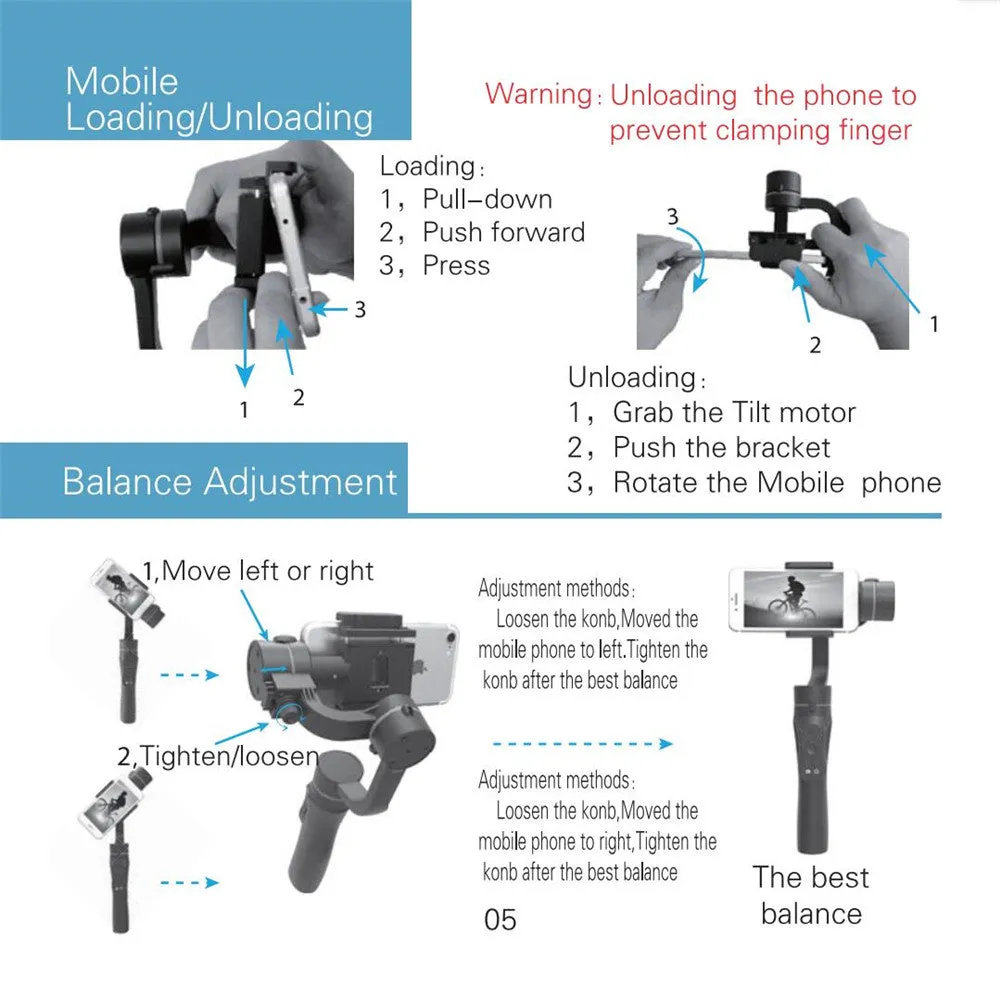 Three-Axis Handheld Smartphone Gimbal Stabilizer Mobile Phone Balancer Counterweight Photography black