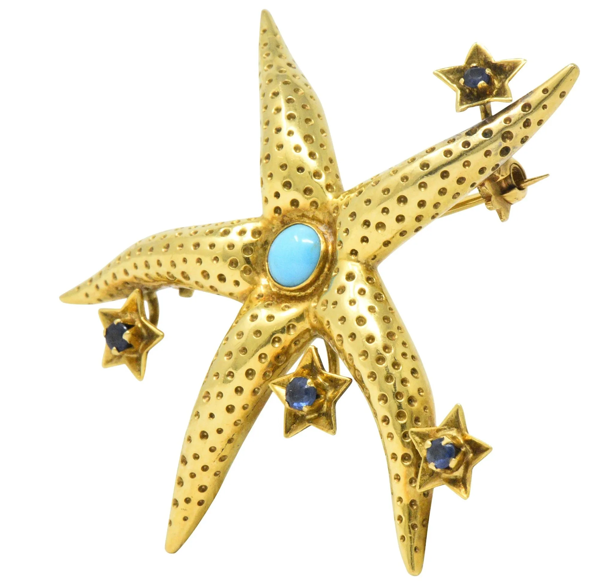 Tiffany & Co. Retro Sapphire Turquoise 18 Karat Gold Starfish Brooch