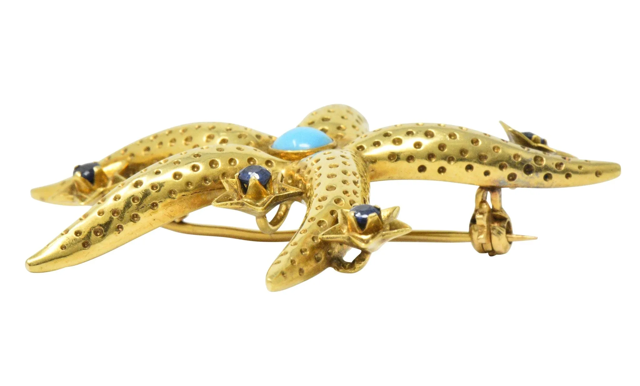 Tiffany & Co. Retro Sapphire Turquoise 18 Karat Gold Starfish Brooch