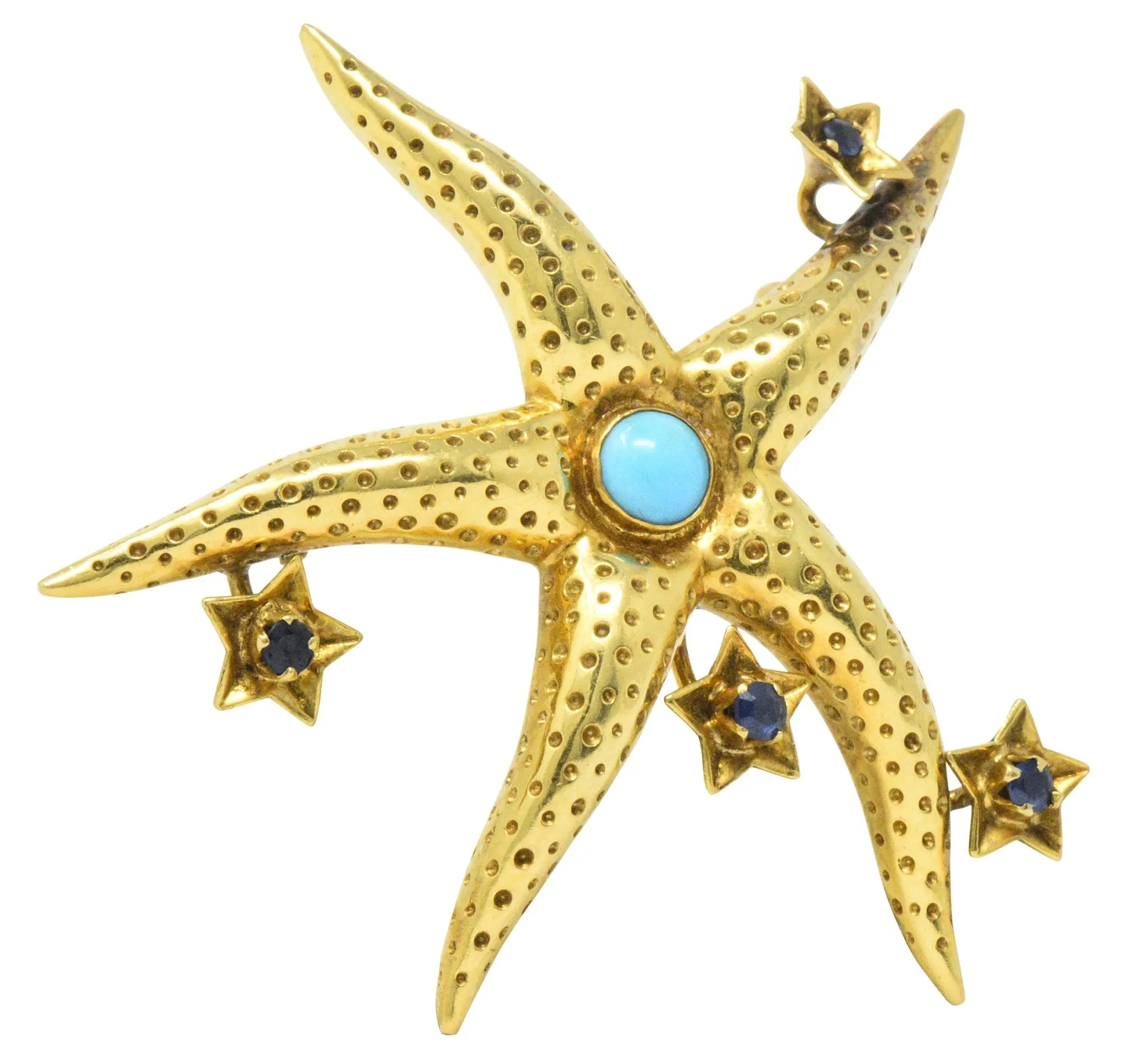 Tiffany & Co. Retro Sapphire Turquoise 18 Karat Gold Starfish Brooch