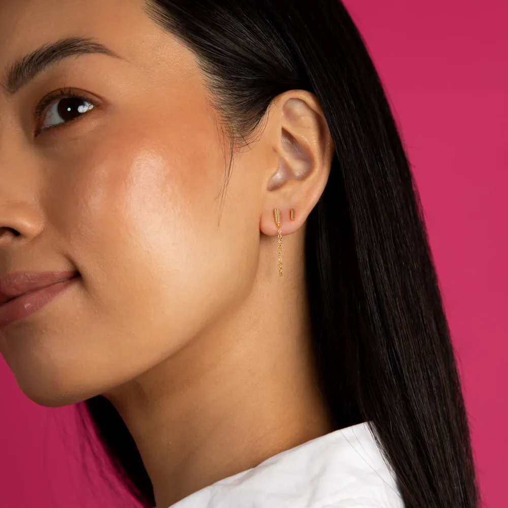 Tiny Solid Bar Front Back Chain Stud Earring