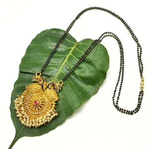 Traditional Long Mangalsutra Designs Heavy Peacock Pendant With Pearls Simple Black Beads Chain