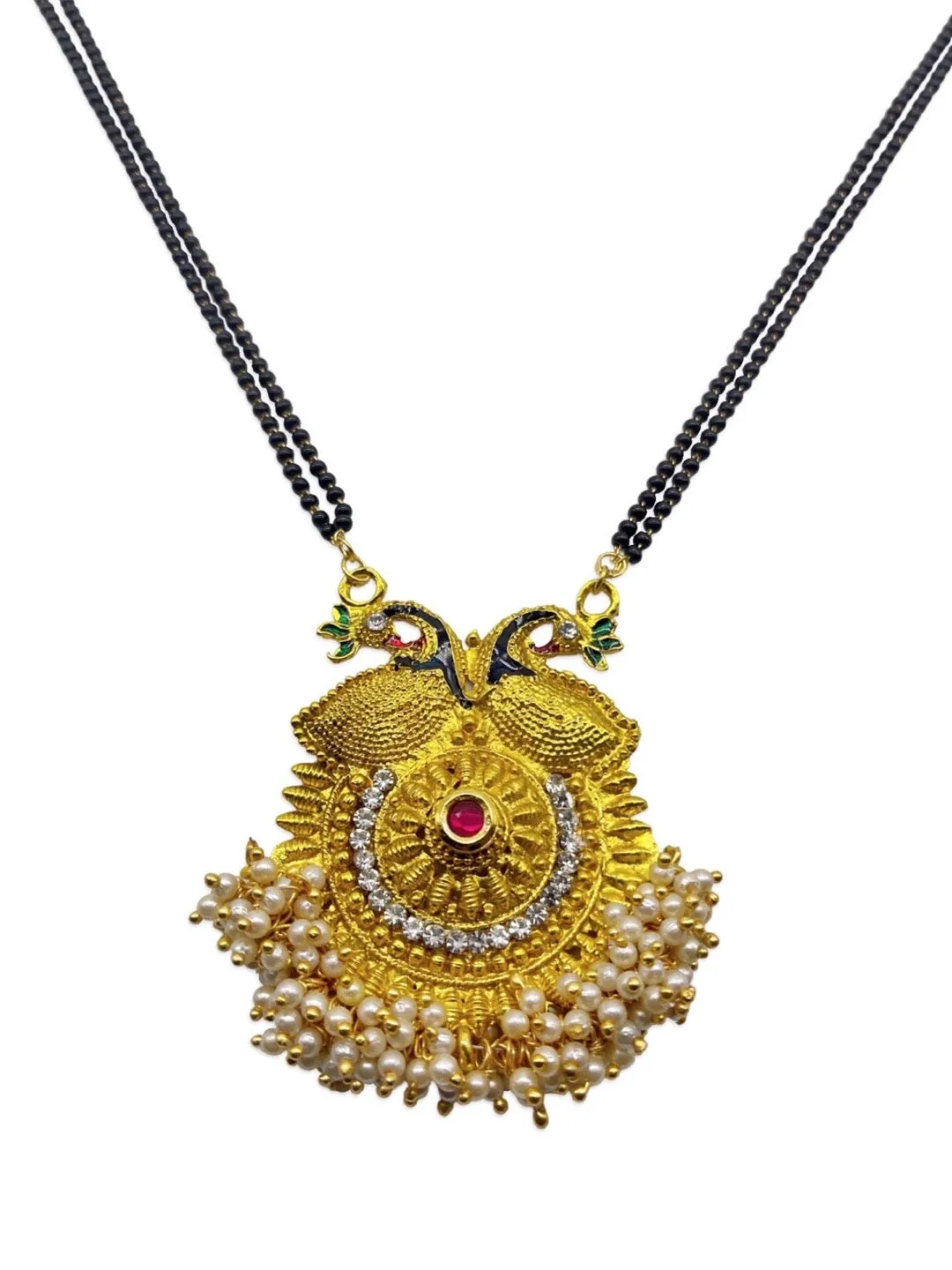 Traditional Long Mangalsutra Designs Heavy Peacock Pendant With Pearls Simple Black Beads Chain