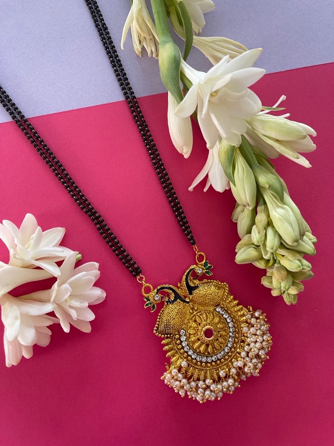 Traditional Long Mangalsutra Designs Heavy Peacock Pendant With Pearls Simple Black Beads Chain