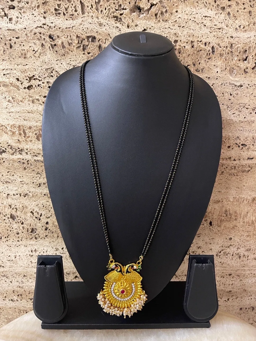 Traditional Long Mangalsutra Designs Heavy Peacock Pendant With Pearls Simple Black Beads Chain