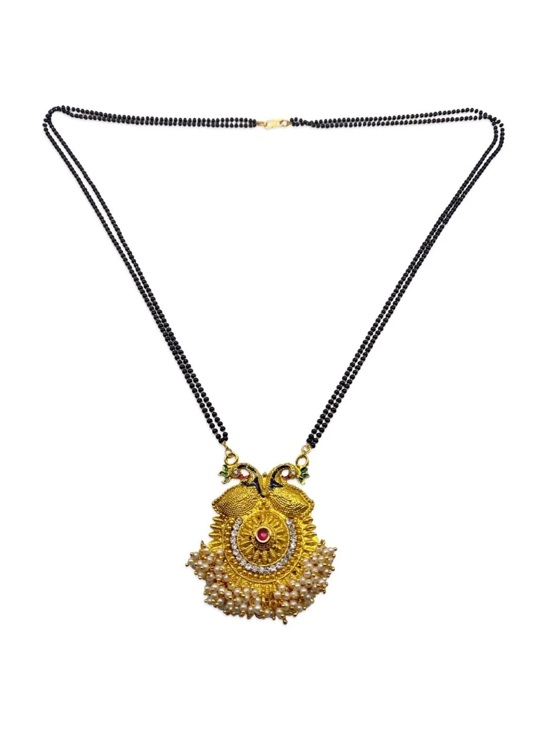 Traditional Long Mangalsutra Designs Heavy Peacock Pendant With Pearls Simple Black Beads Chain