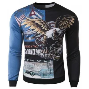 Trendy Round Neck 3D Eagle Pattern Slimming Long Sleeve Cotton Blend Sweatshirt For Men - Blue And Black Xl