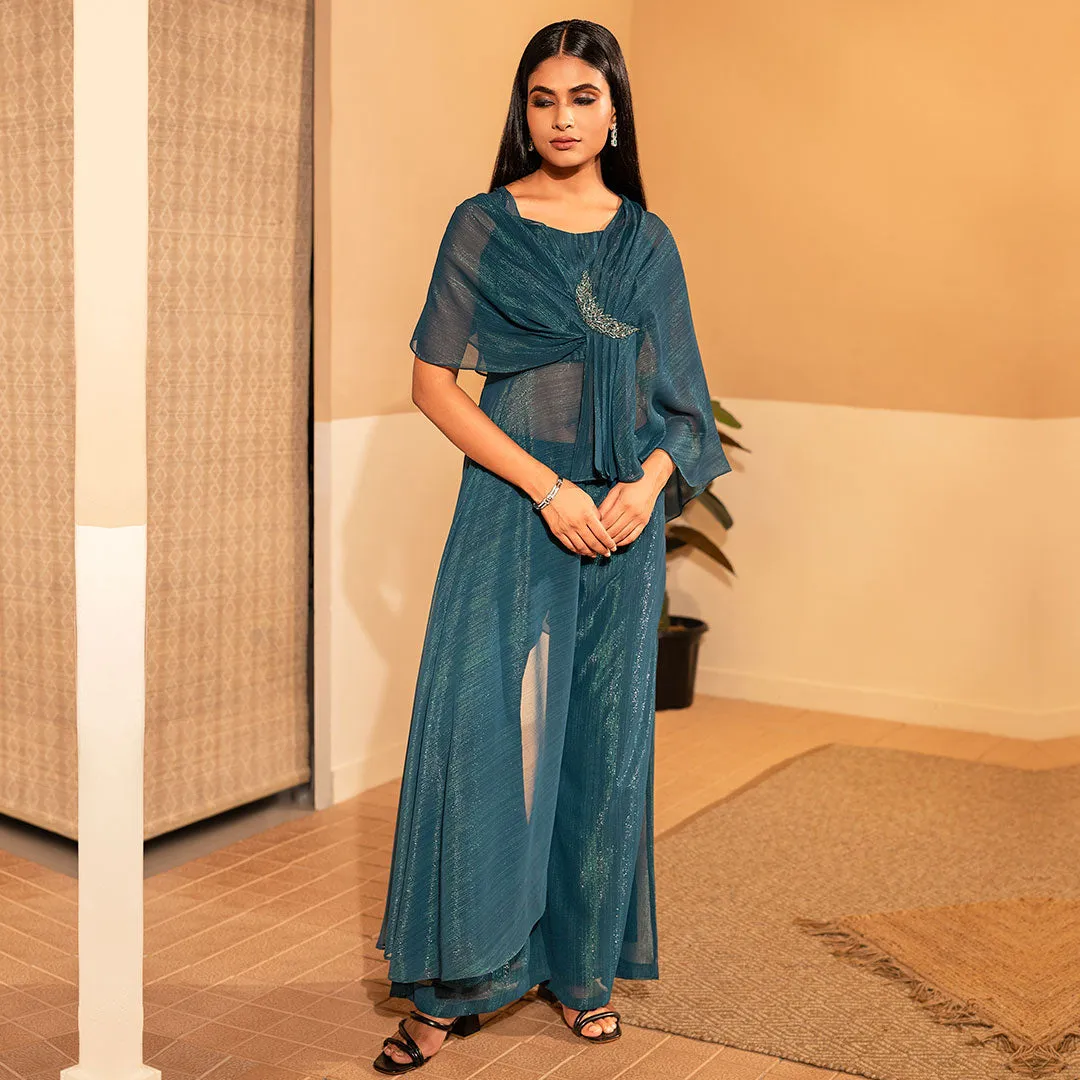 Turquoise Blue Shrug Style Tunic And Pallazos Set