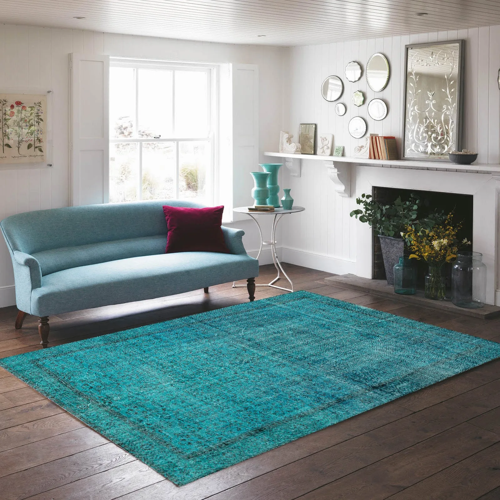 Turquoise Over Dyed  Rug  I Retro Rug | Turkish Rug | Hand Weaving Rug  | Living Room Rug | Wool Rug | Vintage Rug | Tumbled Rug  | Retro Rug | Boho Rug I 6'4'' x 10'3'' ft 193 x 312 cm