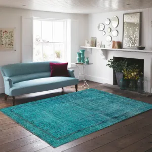 Turquoise Over Dyed  Rug  I Retro Rug | Turkish Rug | Hand Weaving Rug  | Living Room Rug | Wool Rug | Vintage Rug | Tumbled Rug  | Retro Rug | Boho Rug I 6'4'' x 10'3'' ft 193 x 312 cm