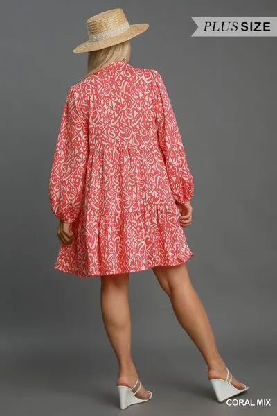 Umgee Full Size Two Tone Print Balloon Sleeve Tiered Dress Plus Size