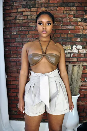 Vegan Leather Tie Bra Top- Brown