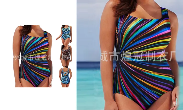 Versatile Sports One-Piece Swimsuit With Retro Wave Design